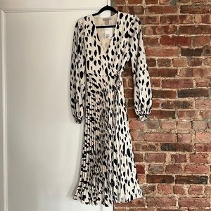 H&M pleated satin midi dress with spot pattern